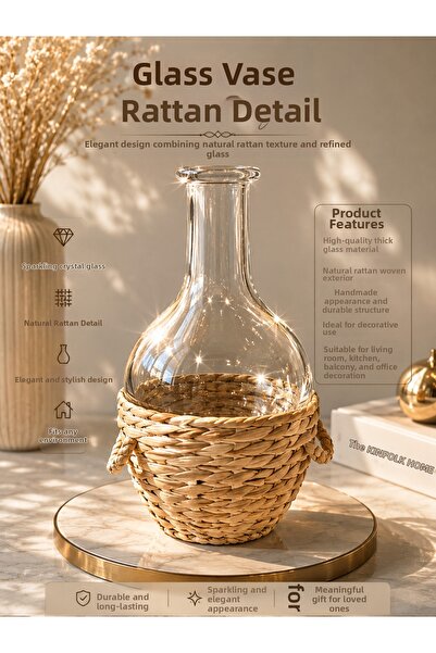 Atak Hediyelik Decorative Glass Vase with Wicker Detail - 27 cm Handmade Styl...