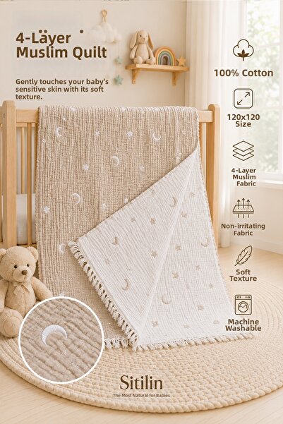 Sitilin 4 Layer Muslin Baby Blanket with Moon and Star Pattern Unisex Newborn...