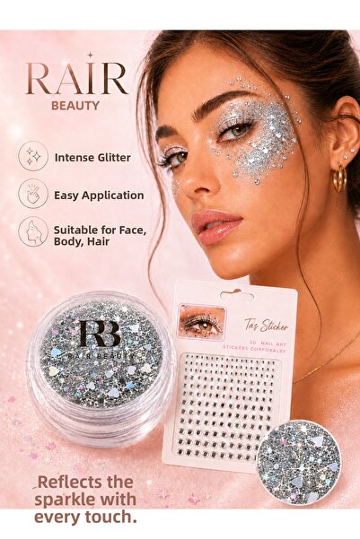 RAİR BEAUTY Glitter Eyeshadow Gel Eyeshadow Gray Color and Decorative Stone Set