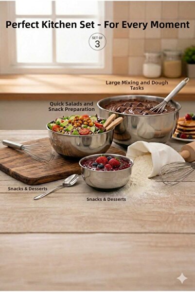 BySevil Stainless Steel Mixing Bowl Set of 3 - Whisk, Salad and Dough Bowl