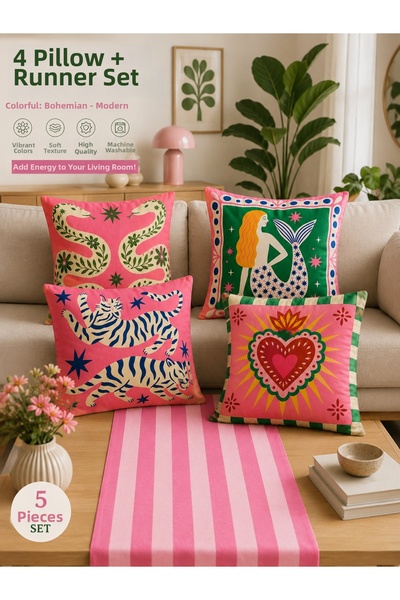 stellahomes Modern Boho Pink Green Throw Pillow Cover and Runner Set 5 Pieces