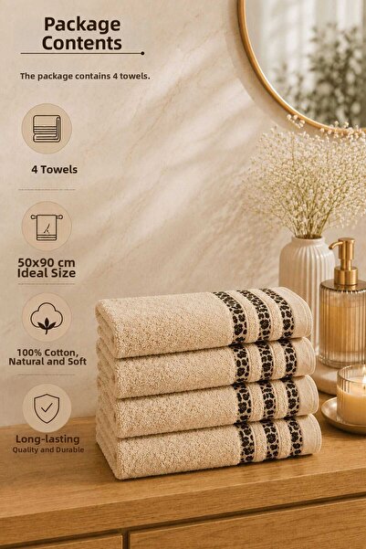Generic Brand طقم مناشف لليدين والوجه مكون من 4 قطع 100% قطن 50x90 سم لون بيج...