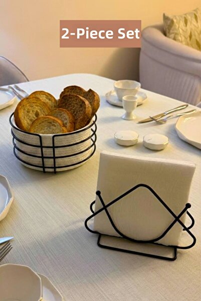 Edora Home Set of 2 Black Triangle Napkin Holders Round Bread Basket Kitchen Set