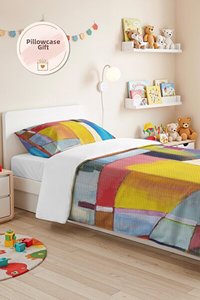 Evimde Bambaşka Geometric Yellow Blue Young Room Single Pique Set - Modern Co...