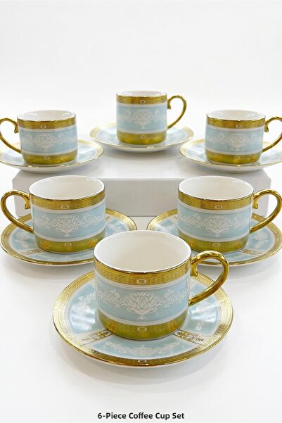 ALBETTO 6-Person Luxury Porcelain Turquoise Gold Turkish Coffee Cup Set (Gold)