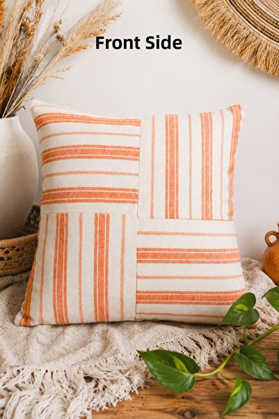 Elegancembroidery 42X42 Patchwork Throw Pillow – Orange Striped Silicone Fill...