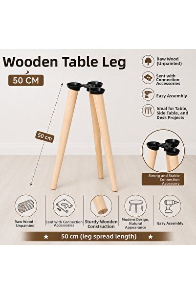 Home Wooden Coffee Table Leg 50 cm 3 Pieces Raw Unpainted Conical Furniture L...