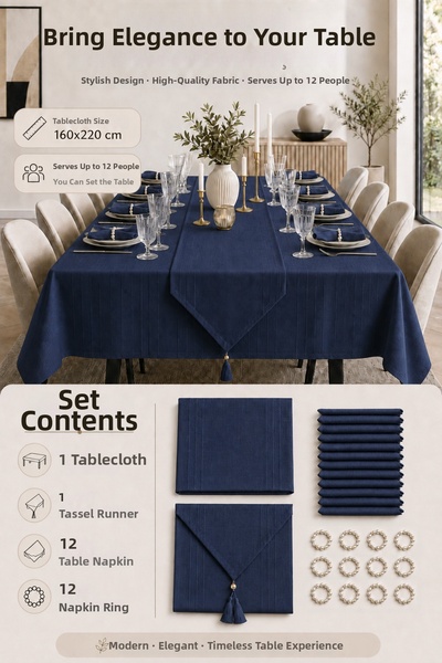 Cardea 26 Piece 12 Seater Tablecloth Set 160X220 cm – Tassel Runner, 12 Place...