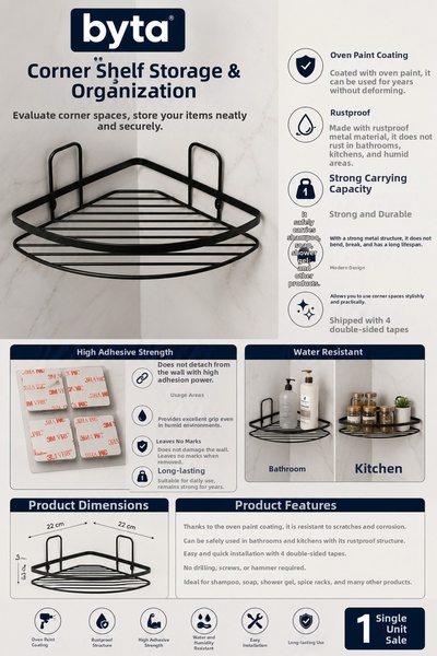 BYTA Adhesive Metal Corner Shelf Black |   Drill-Free Bathroom and Kitchen Wa...