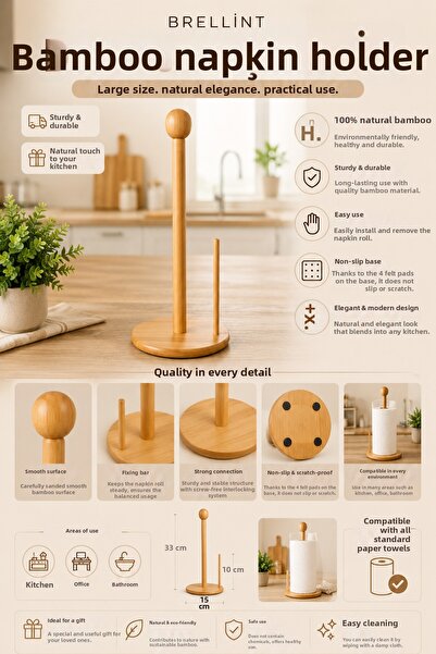 Brellint Bamboo Giant Towel Napkin Holder with Round Knob Design