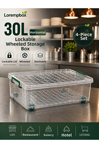 LOREMPBOX 4-Piece 30 L Wheeled Lockable Storage Box – Horizontal Transparent ...