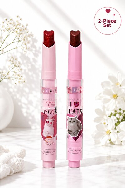 Kozmetik 2-Piece Heart-Shaped Glitter Cat-Themed Lipstick & Glossy Lip Set - ...