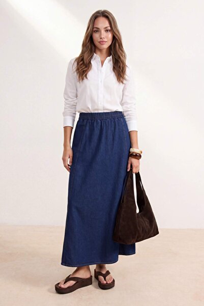 Trendyol Collection Fustă maxi din denim cu volane, bleumarin TWOSS26ET00202
