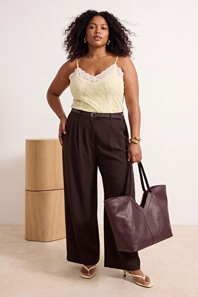 Trendyol Curve Brown Belted Pleated Wide Leg/Extra Wide Leg Woven Trousers Tb...