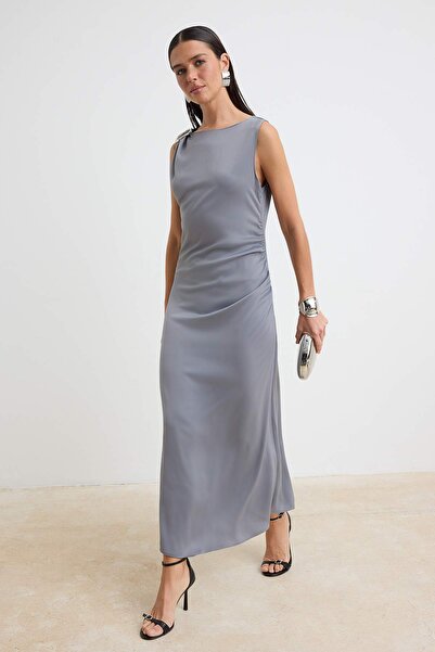 Trendyol Collection Anthracite Plain Woven Satin Maxi Unlined Dress