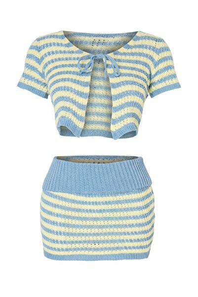 Trendyol Collection Yellow Blue Striped Knitted Mini Crop Beach Blouse Skirt ...