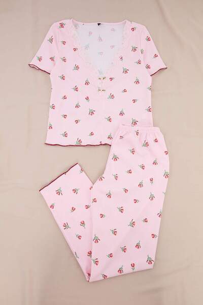 Trendyol Collection Pink Floral Lace Detailed Wrinkled Textured Knitted Pajam...