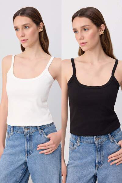 Trendyol Collection قميص داخلي محبوك ومرن ذو ياقة مربعة باللونين الأسود والأب...