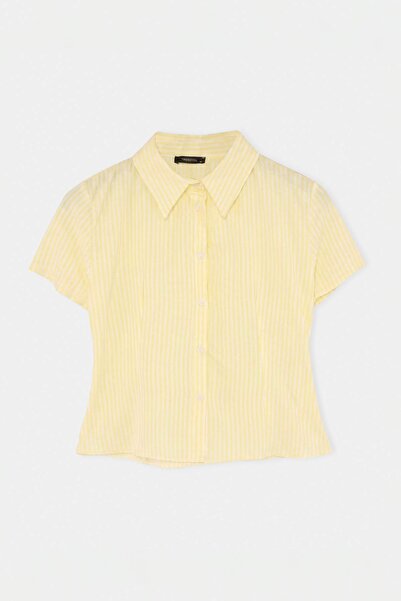 Trendyol Collection Yellow Striped Adjustable Waist Short-Sleeved Shirt Twoss...