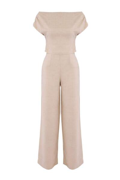 Trendyol Collection Beige Boat Neck Fitted Blouse Wide Leg Trousers Woven Bot...