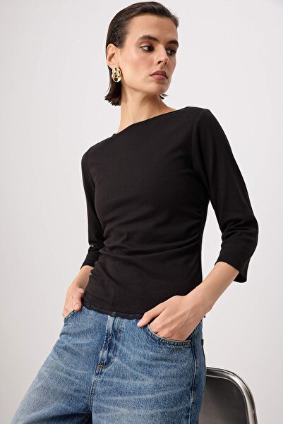 Trendyol Collection Black Fitted Lace Detailed Boat Neck Cotton Stretch Knitt...