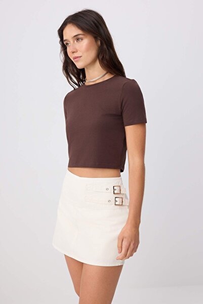 Trendyol Kollektion Ecrufarbener Jeans-Shortsrock aus 100 % Baumwolle mit hoh...