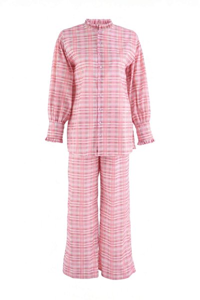 Trendyol Modest Pink Oversize Poplin Plaid Bottom - Top Set Tctss26Us00084
