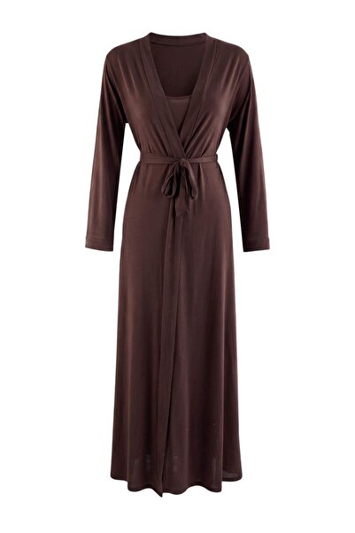 Trendyol Collection طقم ثوب نوم بني مكون من قطعتين + ثوب نوم منسوج من الفيسكو...