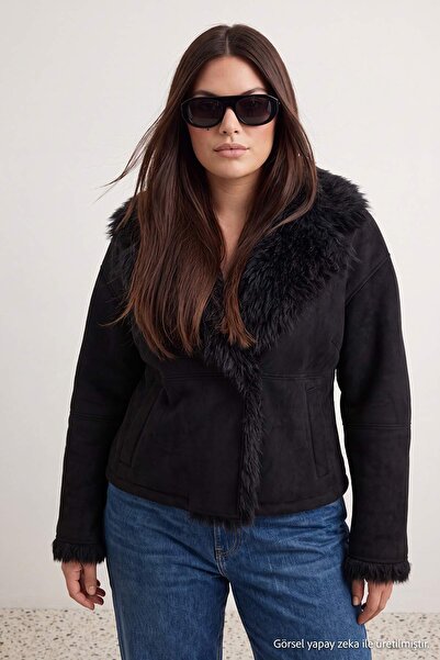 Trendyol Collection Black Regular Fit Fur-Trimmed Suede Plus Size Coat Twoaw2...