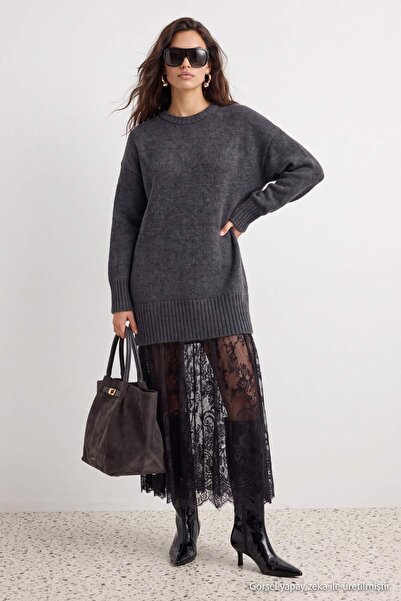 Trendyol Collection Anthracite Plain Crew Neck Lace Skirted Maxi Knitwear Dre...