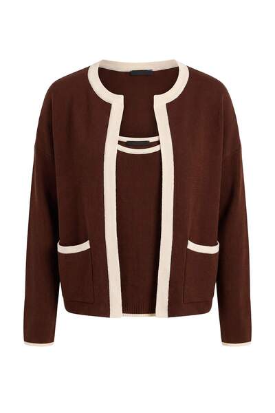 Trendyol Curve Brown Line Detailed Knitwear 2'Li Bluz-Cardigan Set Tbbaw26Av0...