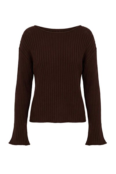 Trendyol Collection Wardrobe Essentials Brown Boat Neck Ribbed Loose Fit Knit...