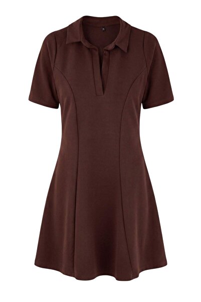 Trendyol Curve Brown Polo Collar Skater/Waist Opening Mini Knitted Plus Size ...