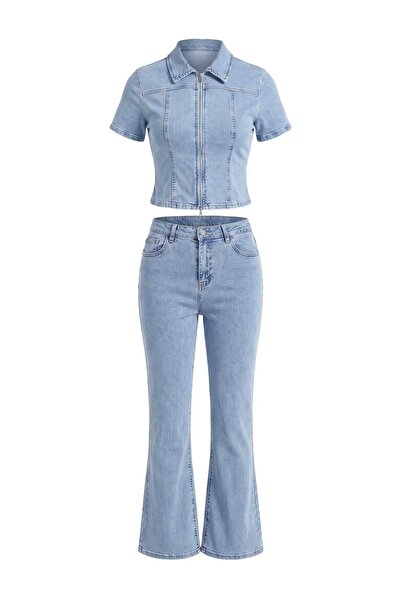 Trendyol Collection Wardrobe Essentials Albastru deschis Az Esnek Cămașă cu m...