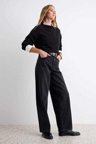 Trendyol Collection Black 100% Cotton High Waist Barrel Jeans Twoaw27Je00099