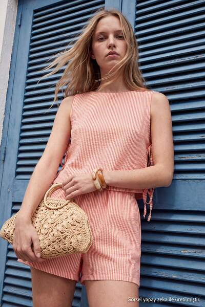 Trendyol Collection Orange Striped Tie Detail Blouse Shorts Bottom Top Set Tb...