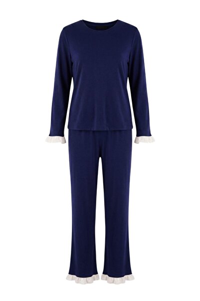 Trendyol Collection Navy Blue 100% Cotton Frilly Knitted Pajamas Set Thmaw26P...