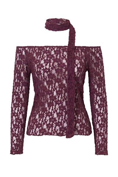 Trendyol Collection Plum Straight Fitted Carmen Collar Shawl Lace Knitted Blo...