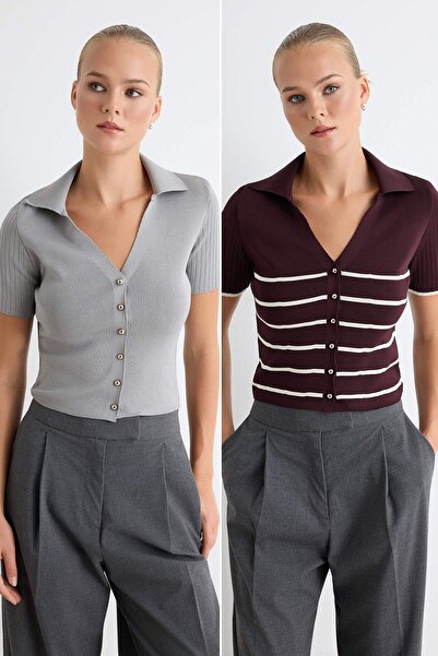 Trendyol Collection Mürdüm*001-Grey Pachet dublu Bluză de bază cu dungi TWOSS...