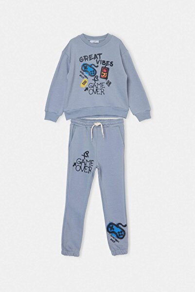 TRENDYOLKIDS Gray Printed Knitted Top and Bottom Set Tkdaw26Au00056