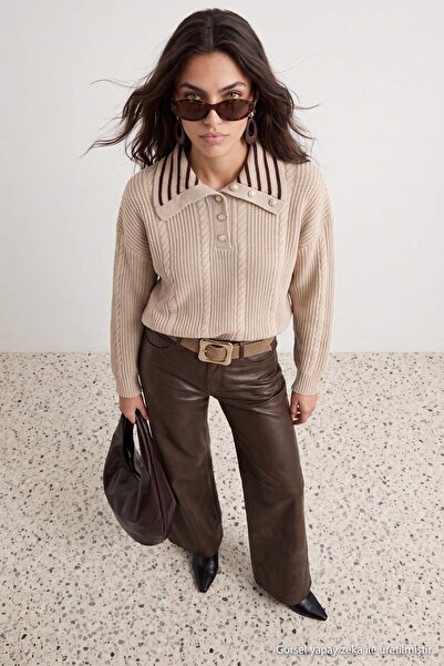 Trendyol Collection Stone Hair Braided Wide Fit Turn-Down Collar Knitwear Swe...