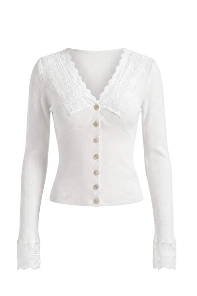 Trendyol Collection Ecru Lace Sleeve and Collar Trim Knitwear Cardigan Twoss2...