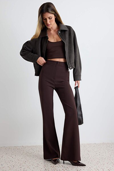 Trendyol Collection Dark Brown Flare Spanish Leg Bootcut Woven Trousers Tofaw...