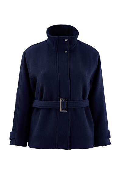 Trendyol Collection Navy Blue Oversize High Collar Short Wool Plus Size Coat ...