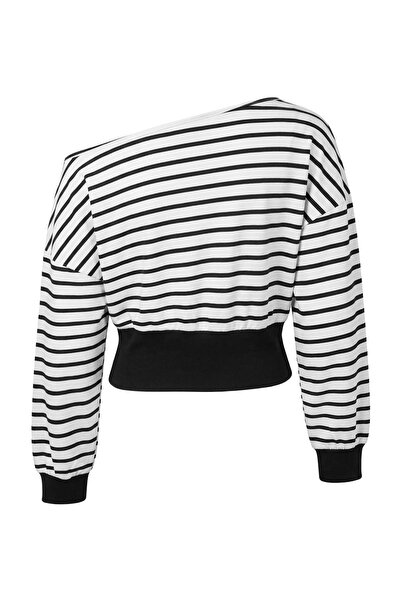 Trendyol Collection Black-Ecru Striped Asymmetric Collar Waist-Fitted Low-Sle...