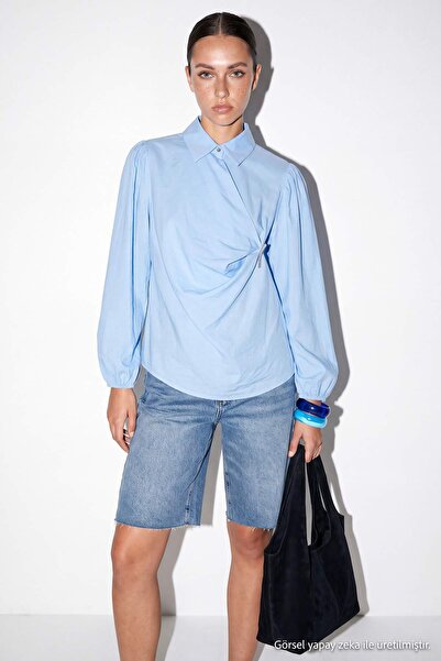 Drop by TrendyolMilla Blue Butterfly Brooch Chiffon Blouse Tdrss26Bz00134