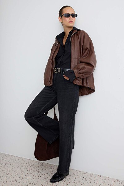 Trendyol Collection Premium Black Drape High Waist Ankle Length Wide Leg Jean...