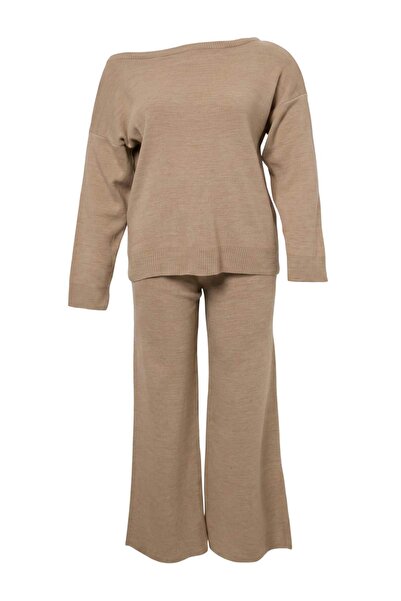 Trendyol Curve Mink Boat Neck Sweater-Pants Knitwear Bottom - Top Set Tbbaw27...