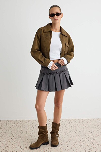 Trendyol Collection Anthracite Pleated Skirt with Waist Detail Twoaw27Et00081