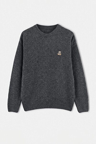Trendyol Collection Anthracite Oversize/Wide Cut Crew Neck Bear Embroidered S...